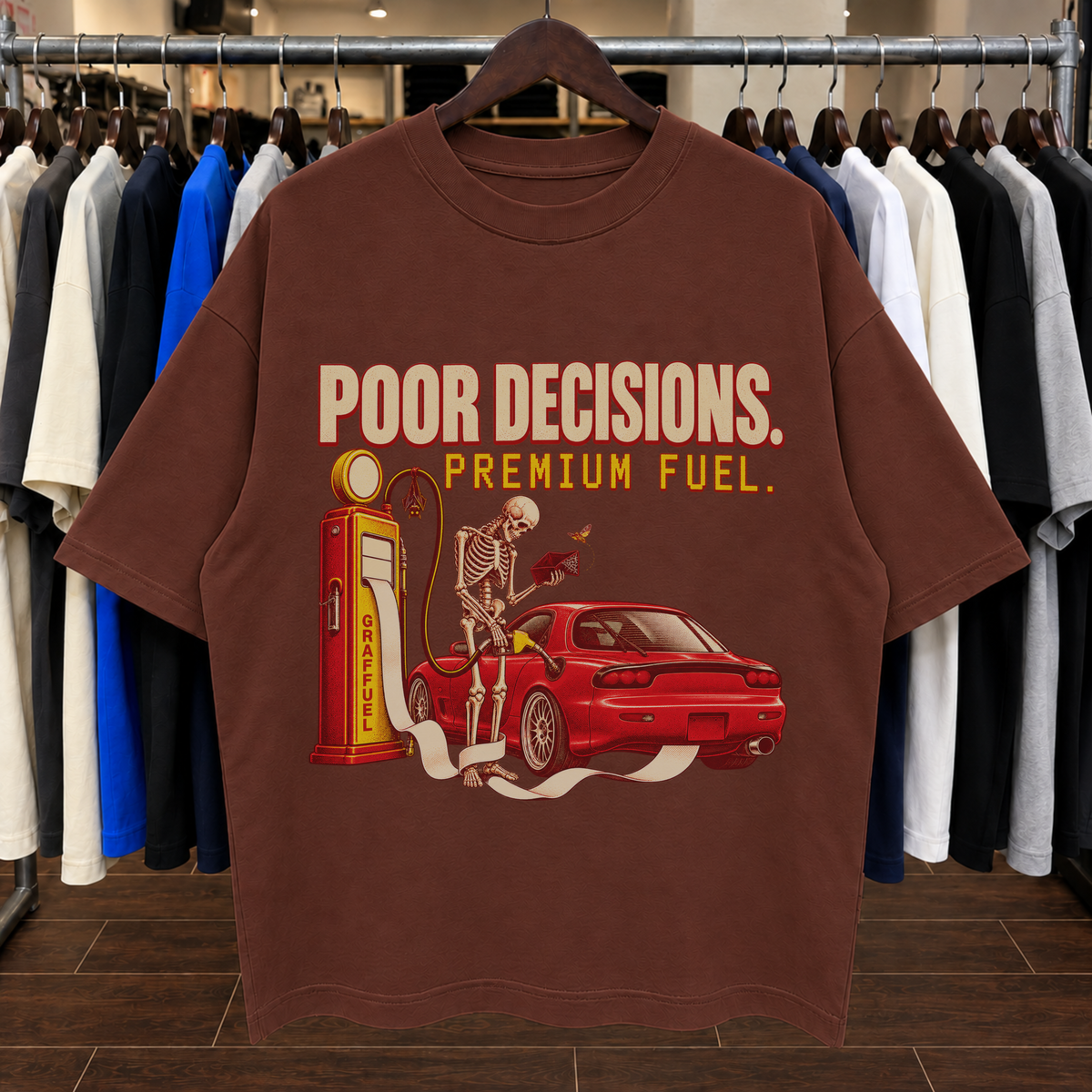 POOR DECISIONS. PREMIUM FUEL. - Tee Oversized