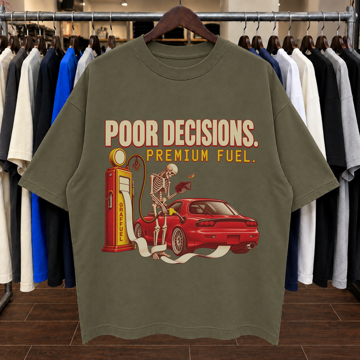 POOR DECISIONS. PREMIUM FUEL. - Tee Oversized